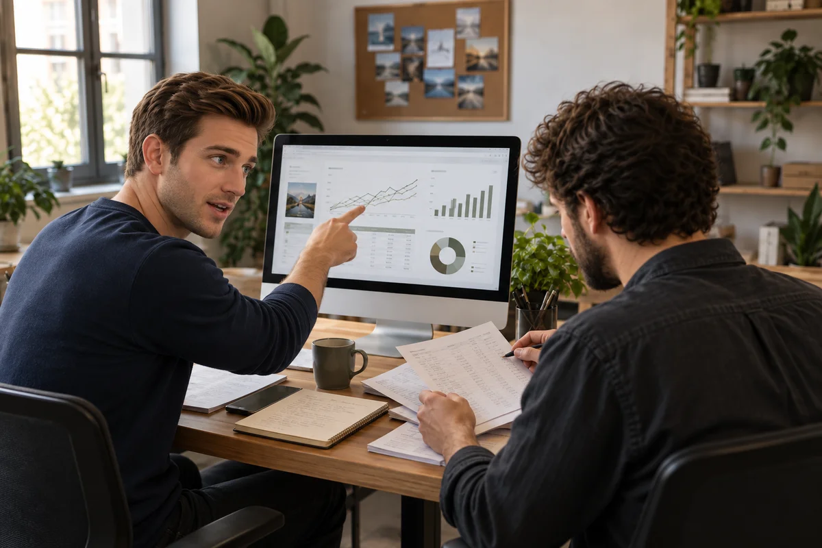 Specialists assessing campaign performance and sales results together